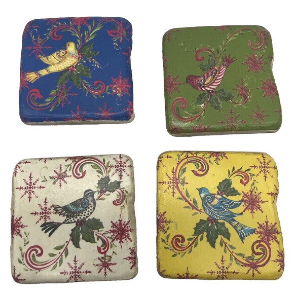 New 4 Coldwater Creek Holiday Collection HOLLY BIRD COASTERS Rustic Christmas - Picture 1 of 15